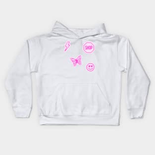 pink set butterfly lightning bolt smiley face shop sign preppy aesthetic pattern Kids Hoodie